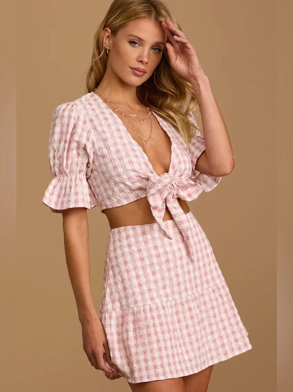 Lulus Patio Cutie Light Pink Gingham Embroidered Mini Skirt set small